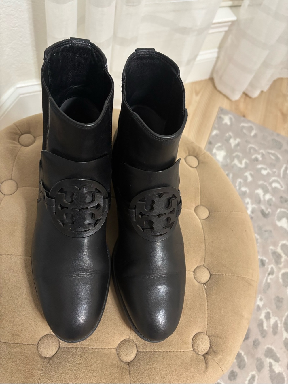 Tory Burch Black Leather Ankle Booties with Logo Medallion